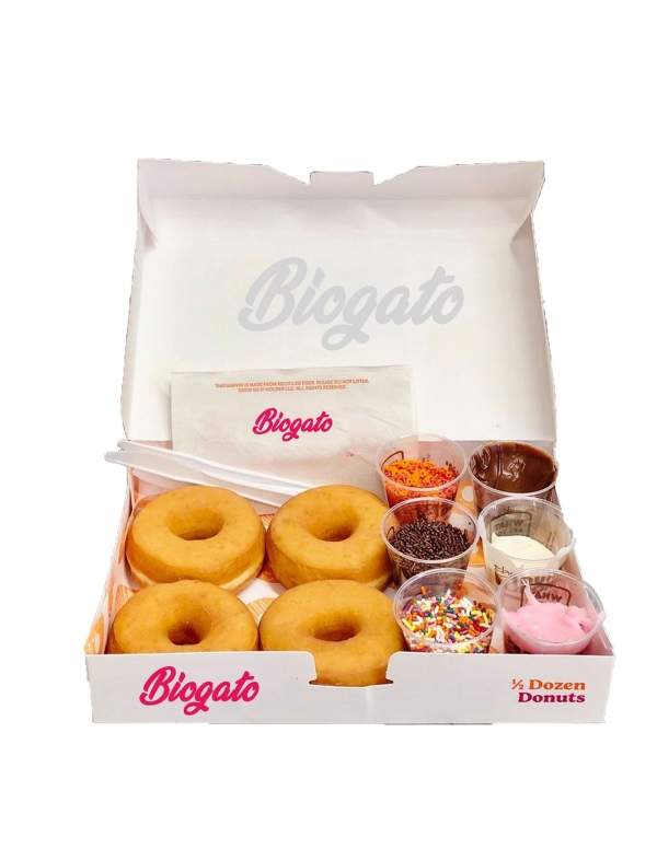 Biogato.fr Boite de 4 Donuts avec toppers vegan, sans sucre à IG bas, bio et sans gluten Adapté diabétiques et coél - 1