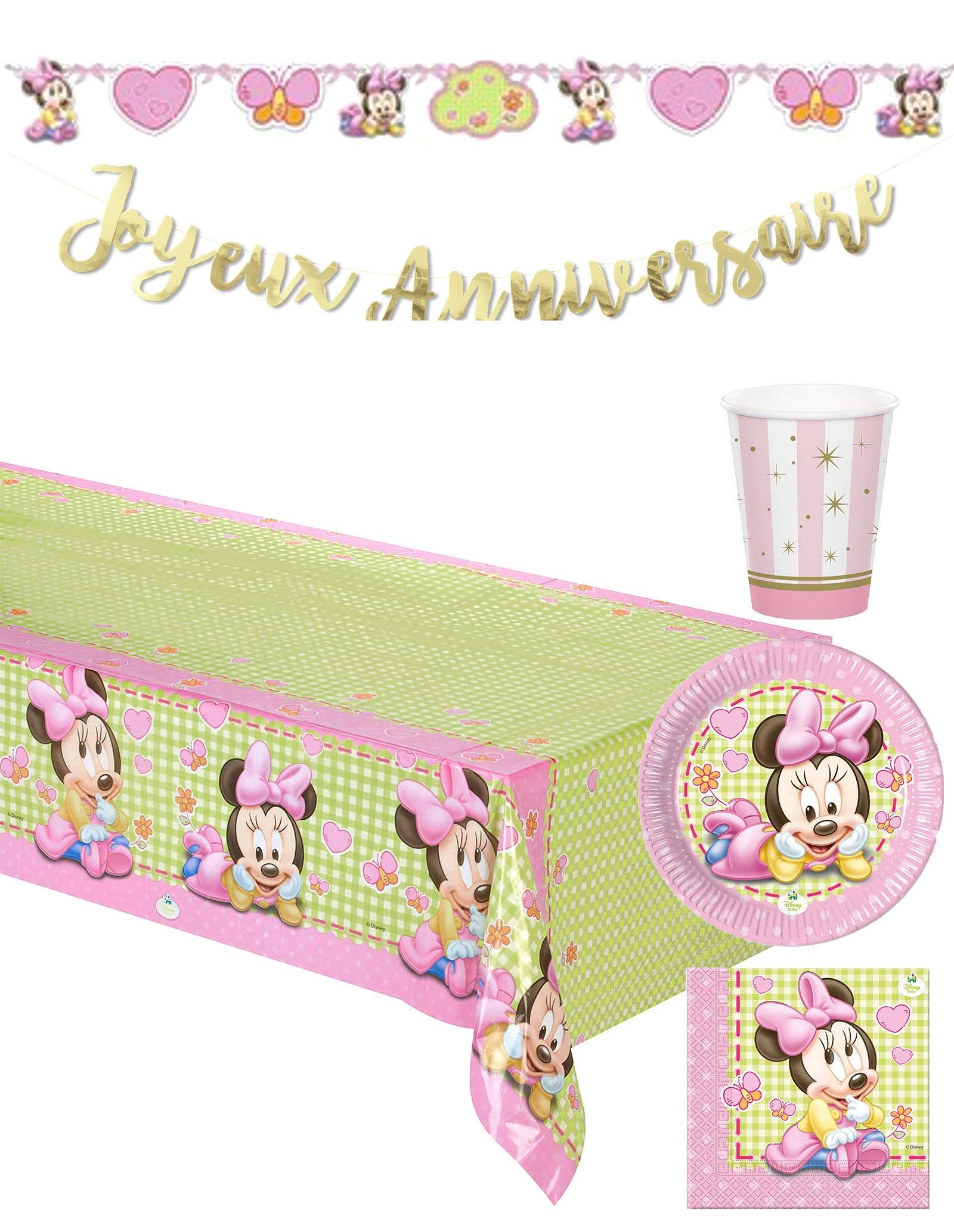 Pack décoration d'anniversaire 1 an fille bébé Minnie Disney