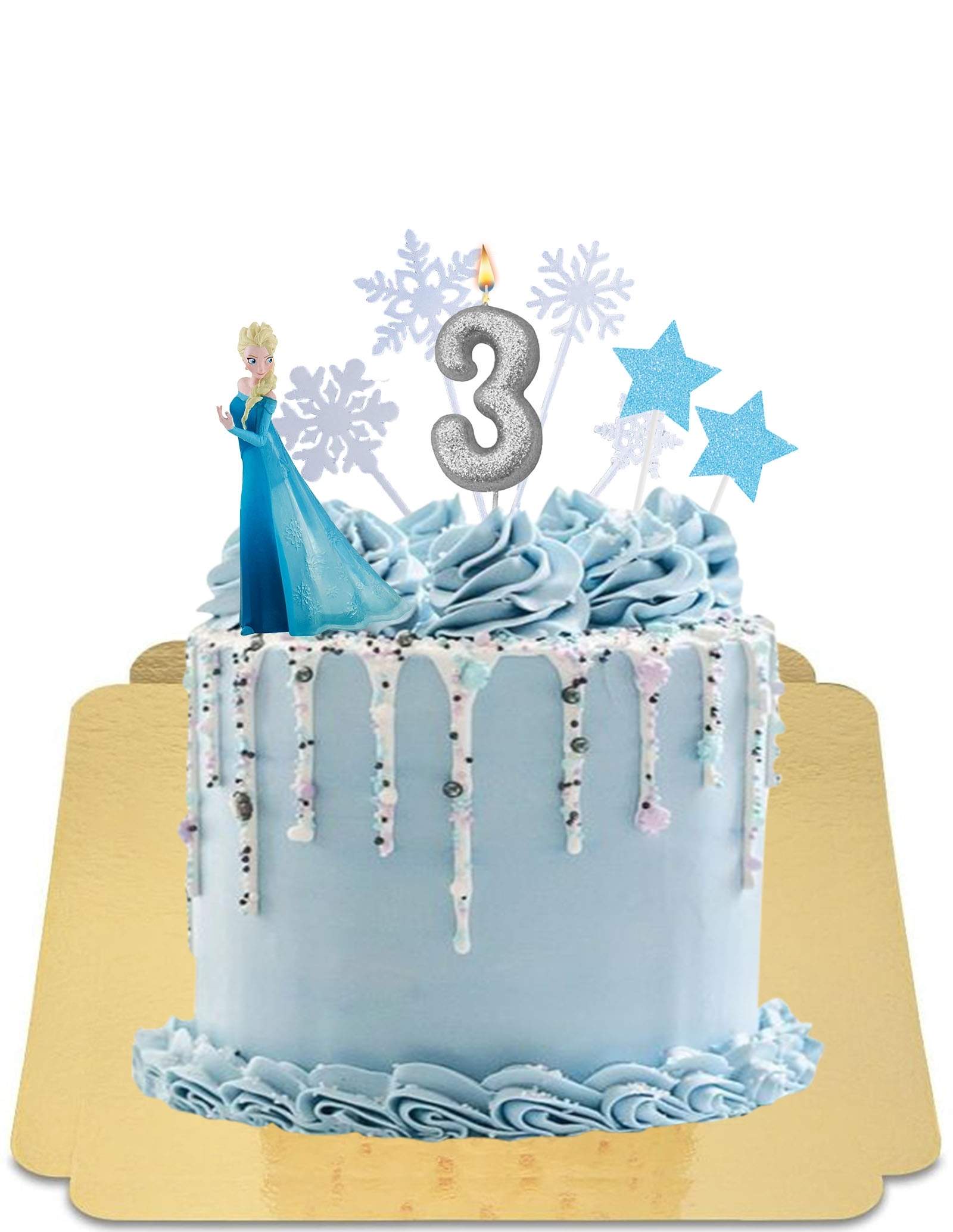 Drip cake Reine des neiges avec meringues bleues et figurine vegan
