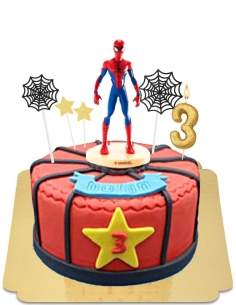 Drip cake Spiderman rouge et bleu à figurine et toile d'araignée ve