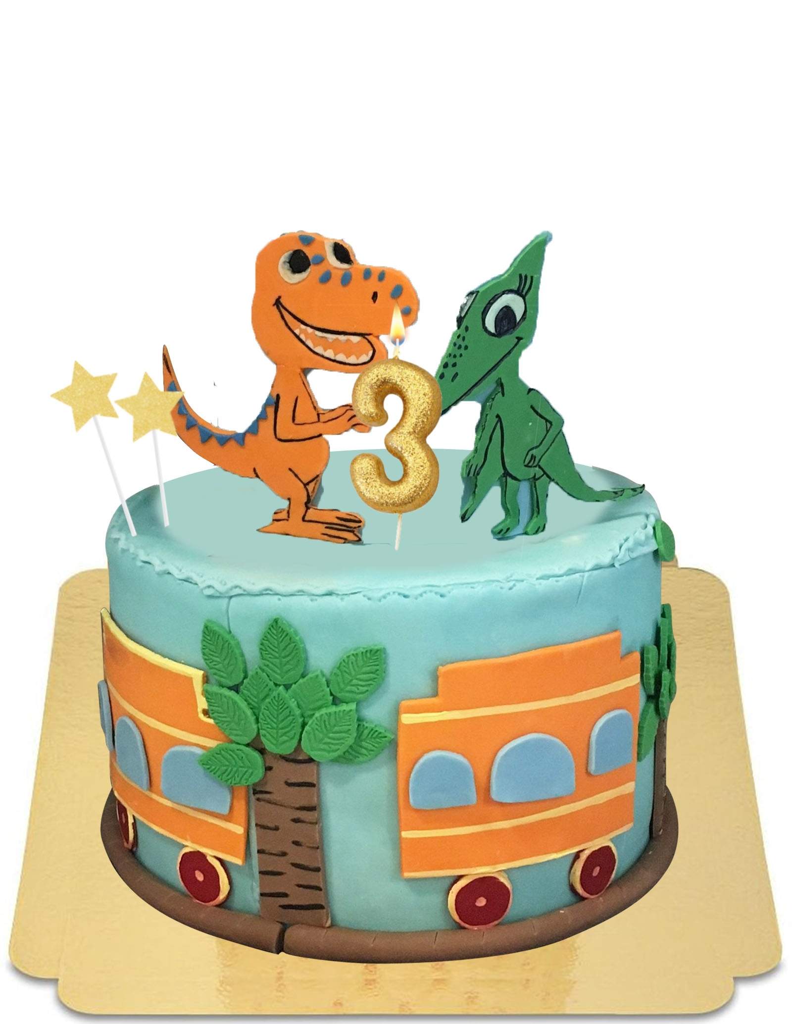 Gâteau Dino Train avec Tiny et Samy vegan, sans gluten