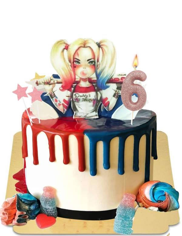 Biogato.fr Drip cake gâteau Harley Quinn bleu et rouge vegan, sans gluten - 113