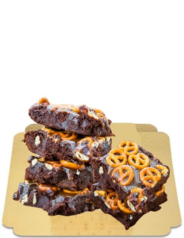  4 Brownies "Fudgy" chocolat caramel et pretzels vegan, sans gluten sans sucre à indice glycémique bas adapté diabétiques et coé